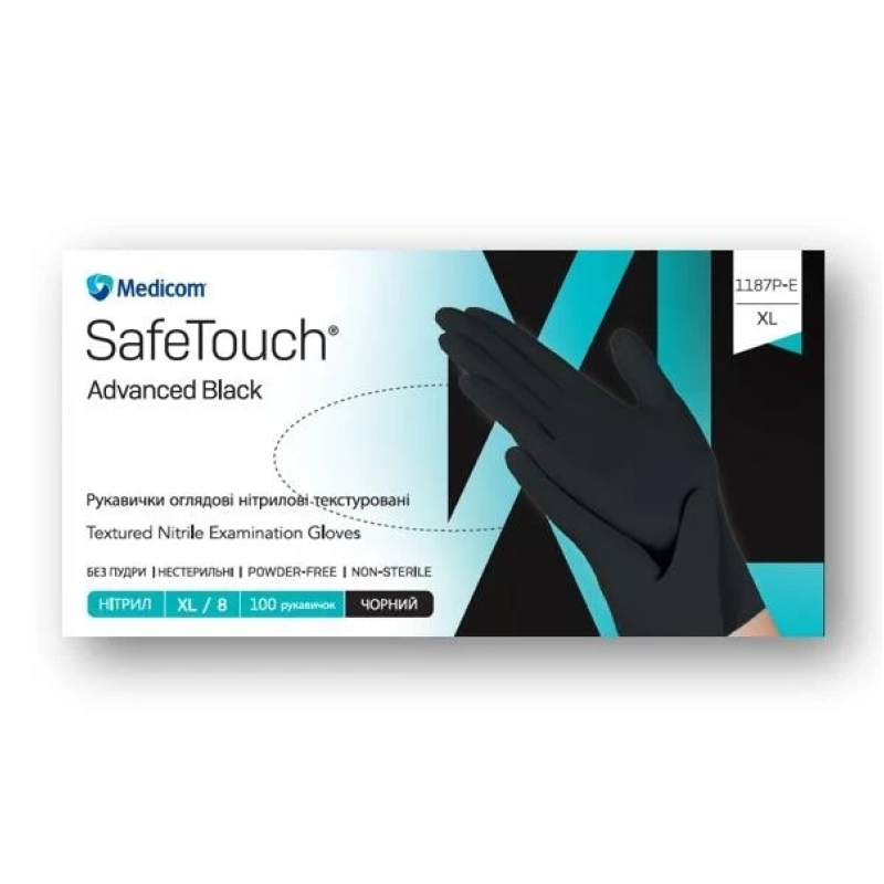 РУКАВИЧКИ НІТРИЛОВІ БЕЗ ПУДРИ НЕСТЕРИЛЬНІ SAFE TOUCH ADVANCED BLACK, РОЗМІР XL (100 ОД.)