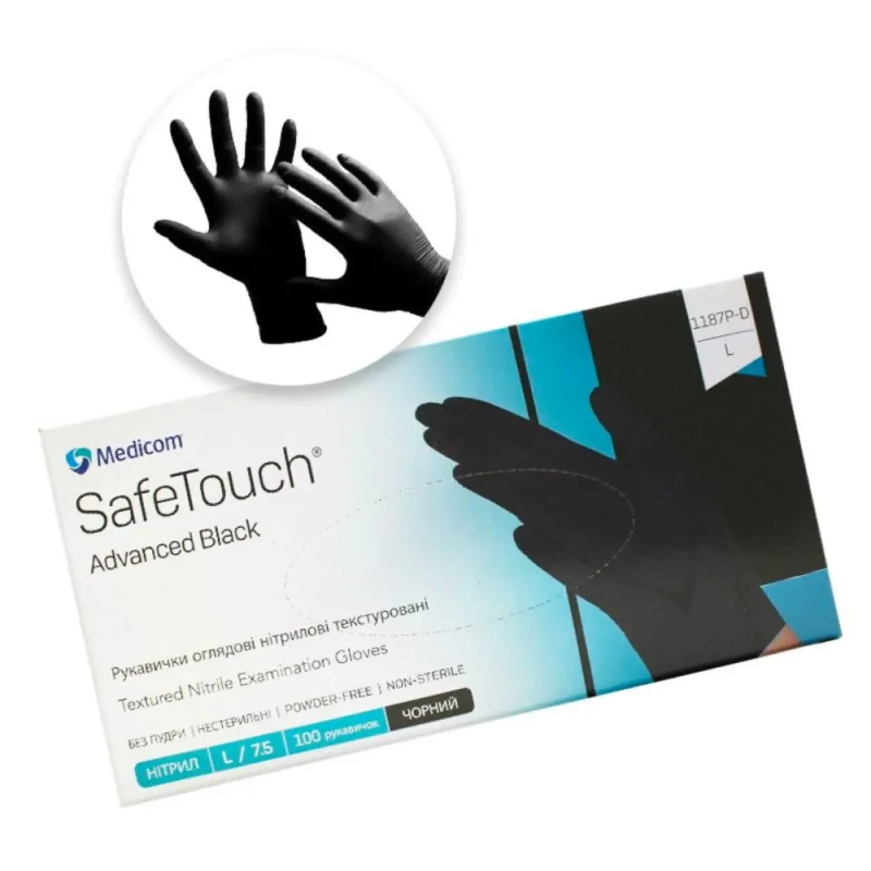 РУКАВИЧКИ НІТРИЛОВІ БЕЗ ПУДРИ НЕСТЕРИЛЬНІ SAFE TOUCH ADVANCED BLACK, РОЗМІР L (100 ОД.)